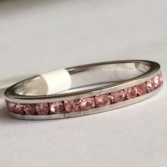 Pink Cubic Zirconia Eternity Ring Size 9 Band Stackable Silver Rhodium Plated - Picture 5 of 9